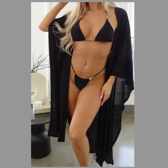 Women's Black Swimsuit Cover Robe With Belt NEW - Picture 2 of 3